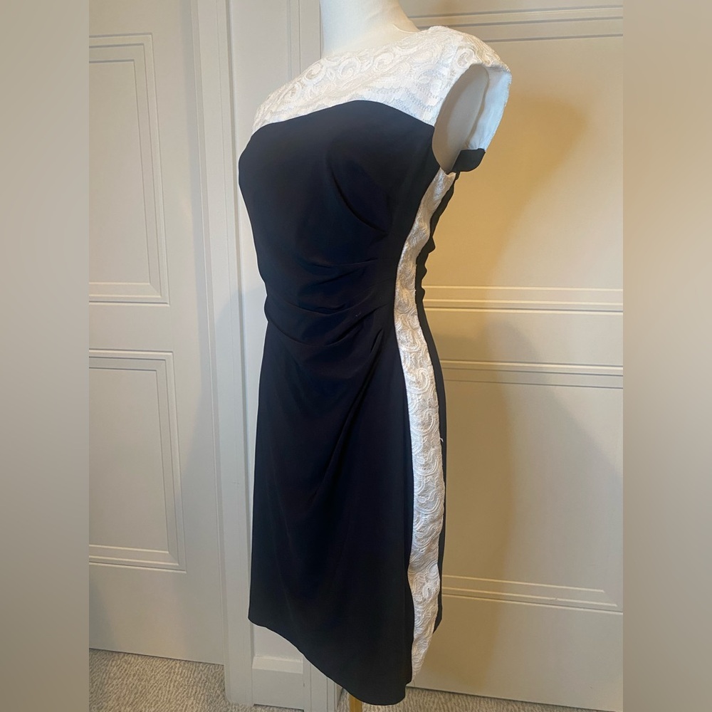 Ralph Lauren Black Sheath Midi Dress Cap Sleeve White Lace Detail NWT Size 6